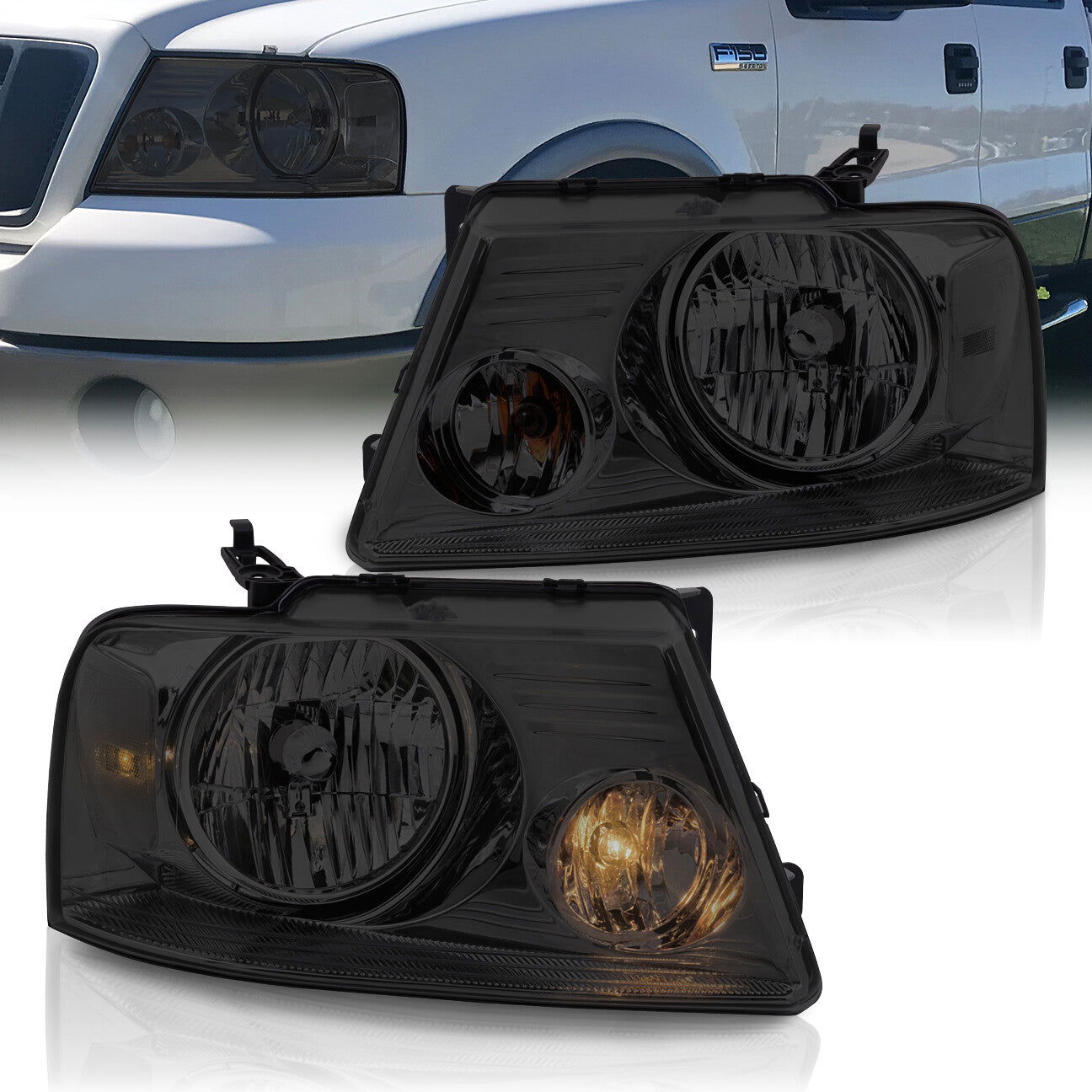 Ford F150 2004-2008 / Lincoln Mark LT 2006-2008 Factory Style Headlights Chrome Housing Smoke Len Clear Reflector - Parts Agent