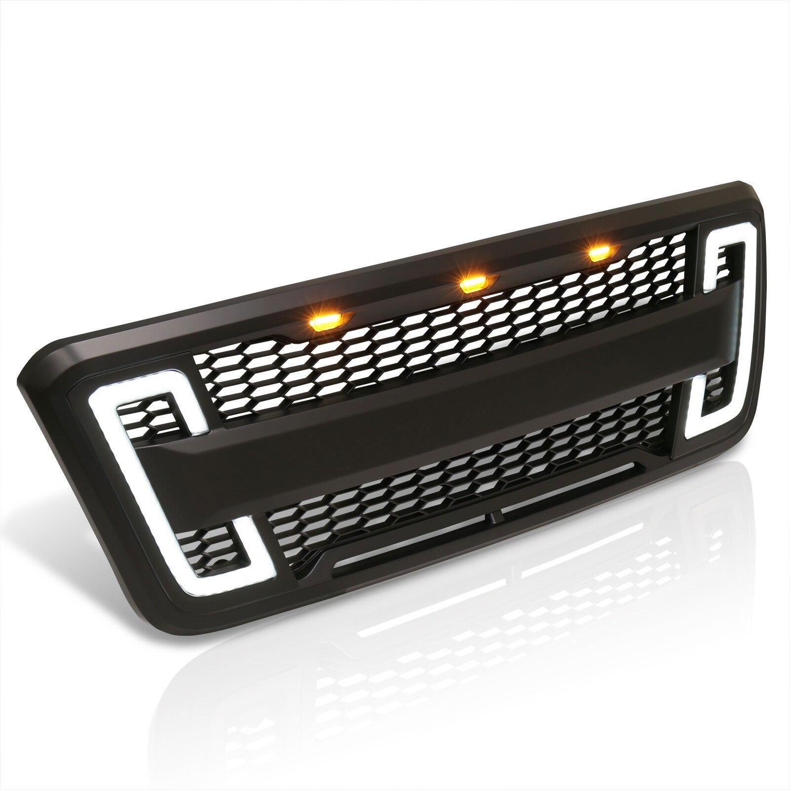 Ford F150 2004-2008 Front Grille Black with White / Amber LED DRL Running Lights & Turn Signals - Parts Agent