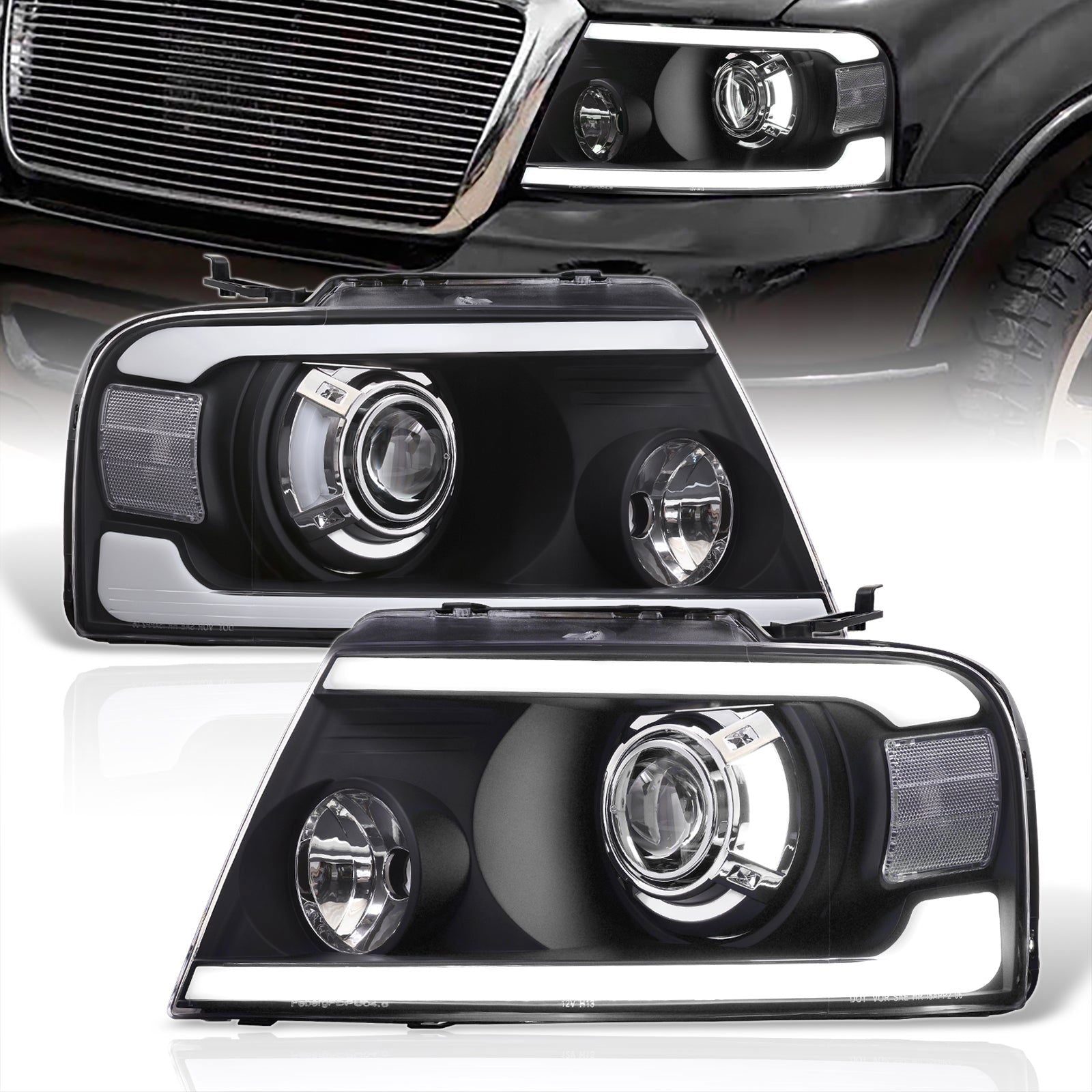 Ford F150 2004-2008 LED DRL Bar Projector Headlights Black Housing Clear Len Clear Reflector - Parts Agent
