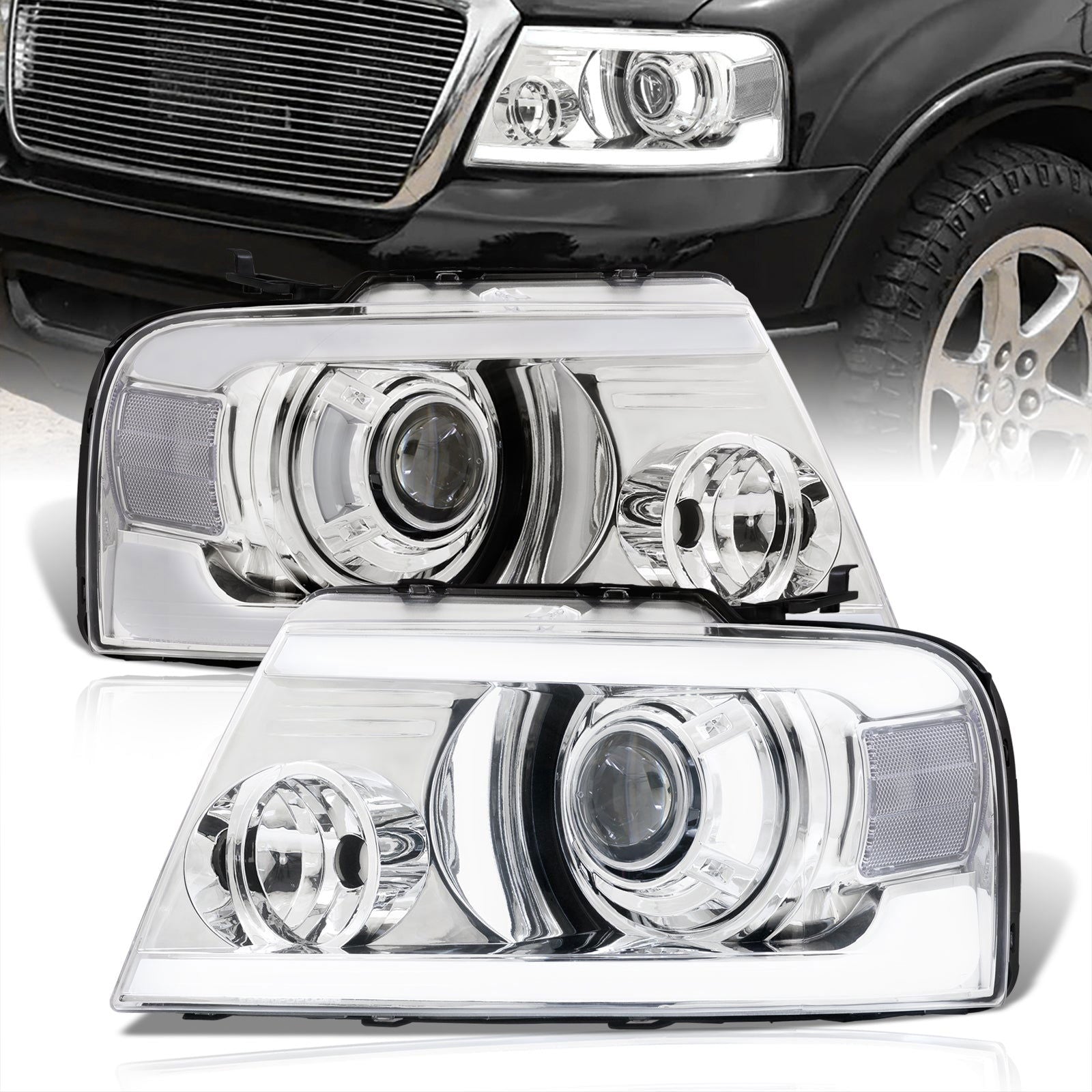 Ford F150 2004-2008 LED DRL Bar Projector Headlights Chrome Housing Clear Len Clear Reflector - Parts Agent