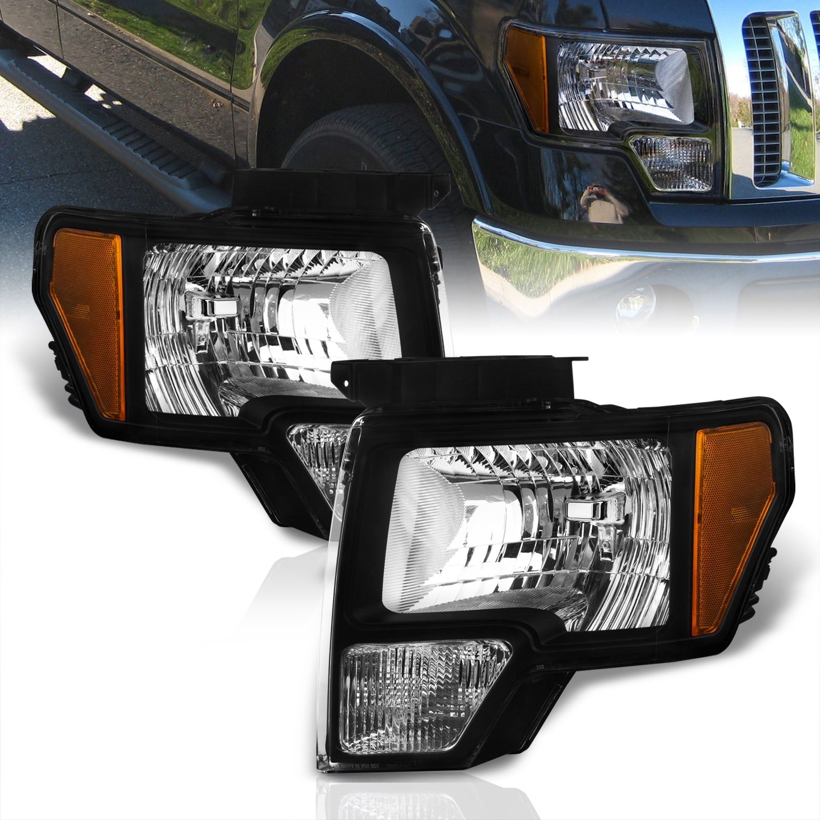 Ford F150 2009-2014 Factory Style Headlights Black Housing Clear Len Amber Reflector (Halogen Models Only) - Parts Agent
