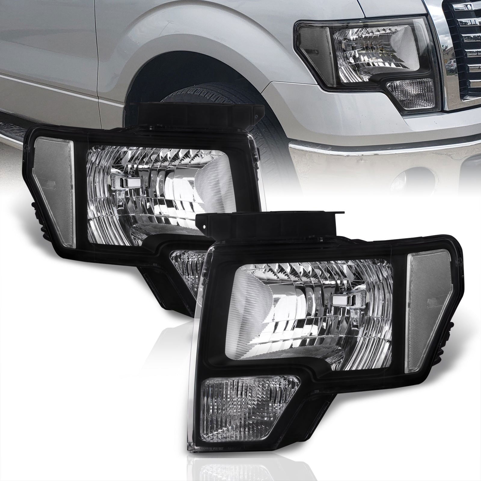 Ford F150 2009-2014 Factory Style Headlights Black Housing Clear Len Clear Reflector (Halogen Models Only) - Parts Agent