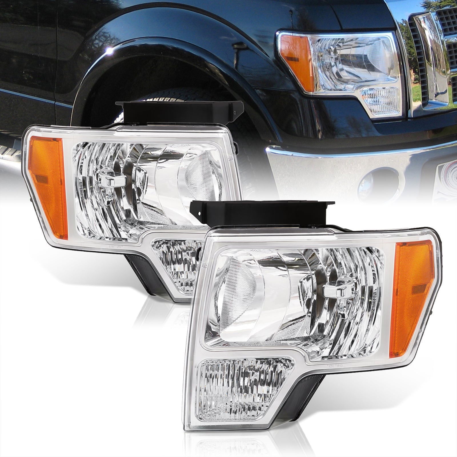 Ford F150 2009-2014 Factory Style Headlights Chrome Housing Clear Len Amber Reflector (Halogen Models Only) - Parts Agent