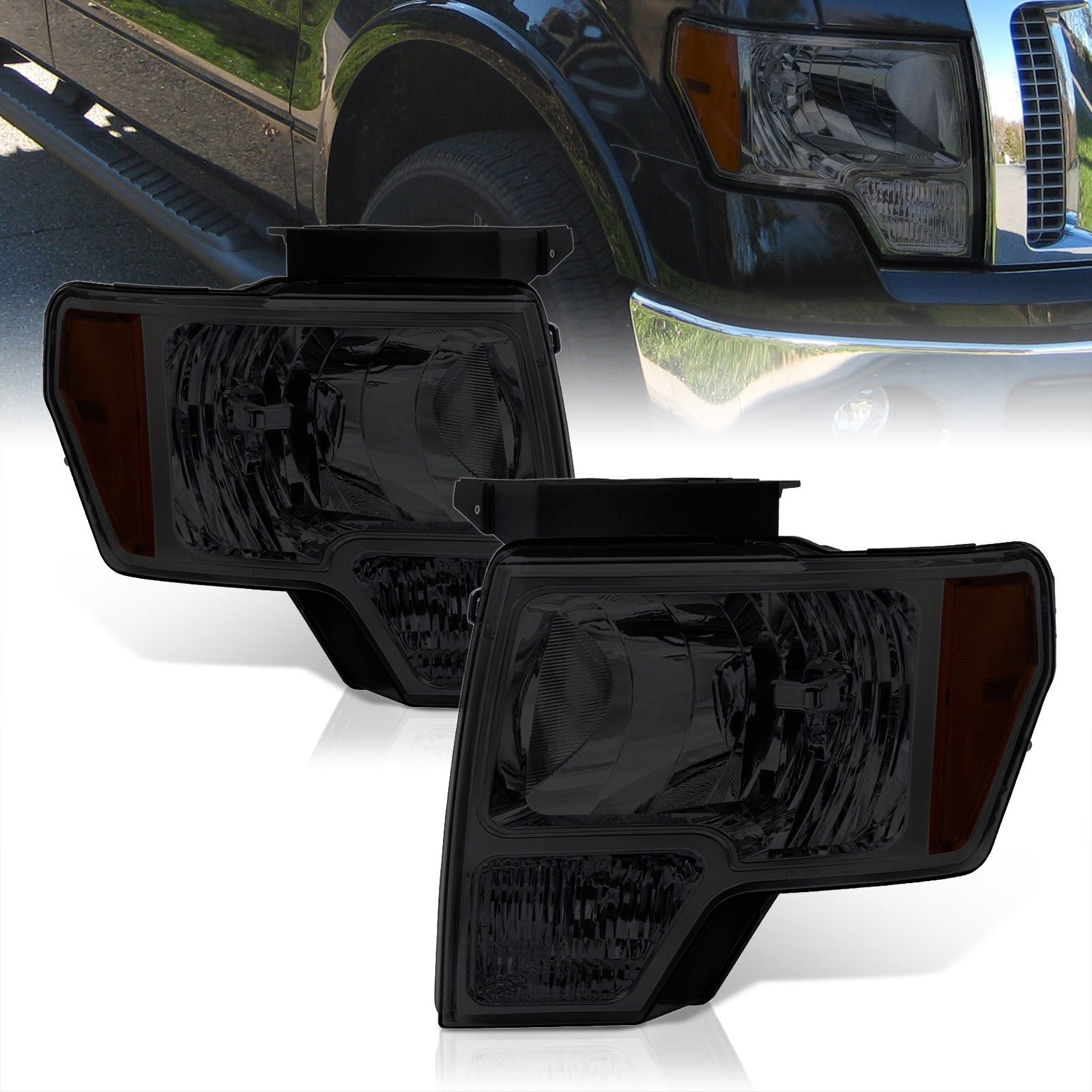Ford F150 2009-2014 Factory Style Headlights Chrome Housing Smoke Len Amber Reflector (Halogen Models Only) - Parts Agent