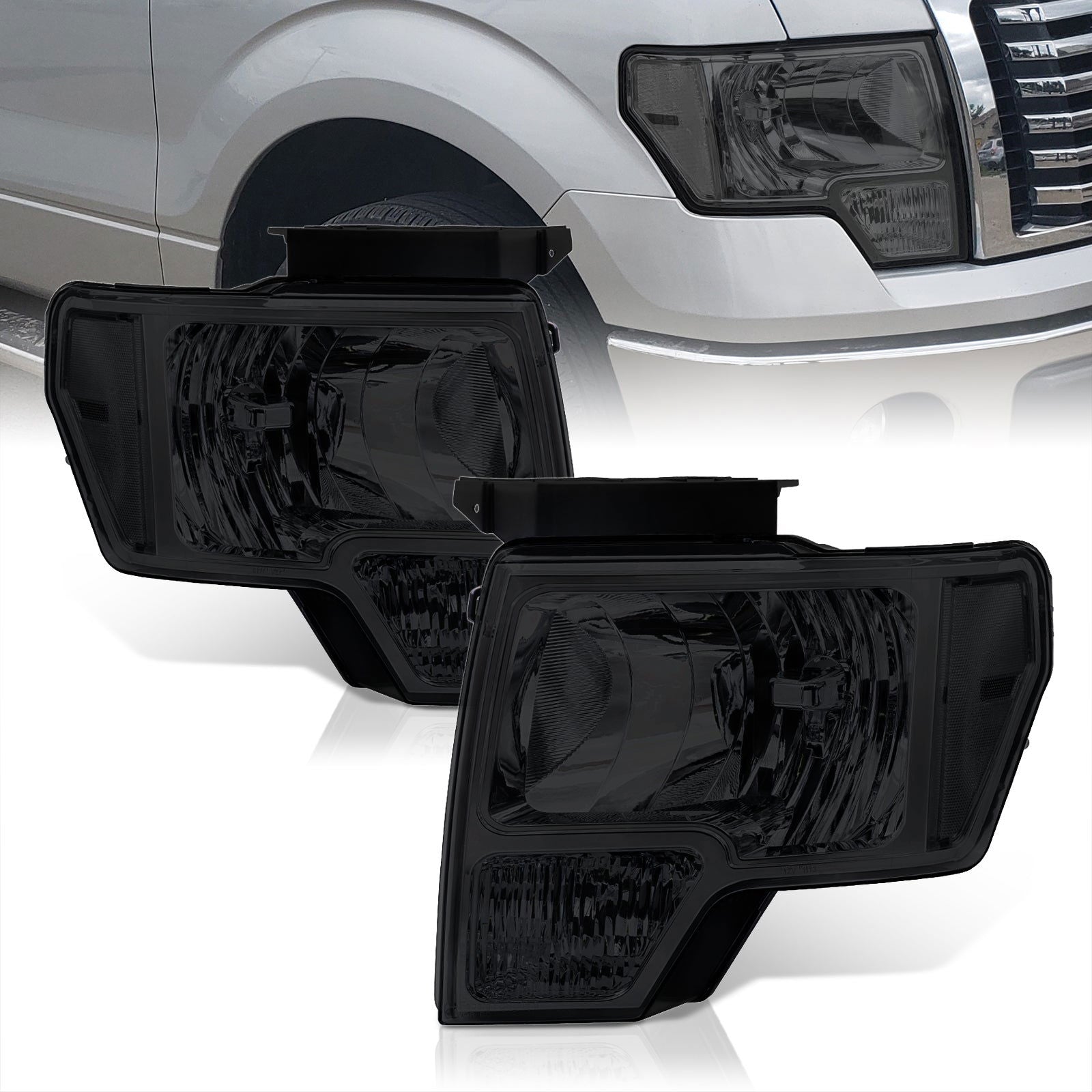 Ford F150 2009-2014 Factory Style Headlights Chrome Housing Smoke Len Clear Reflector (Halogen Models Only) - Parts Agent