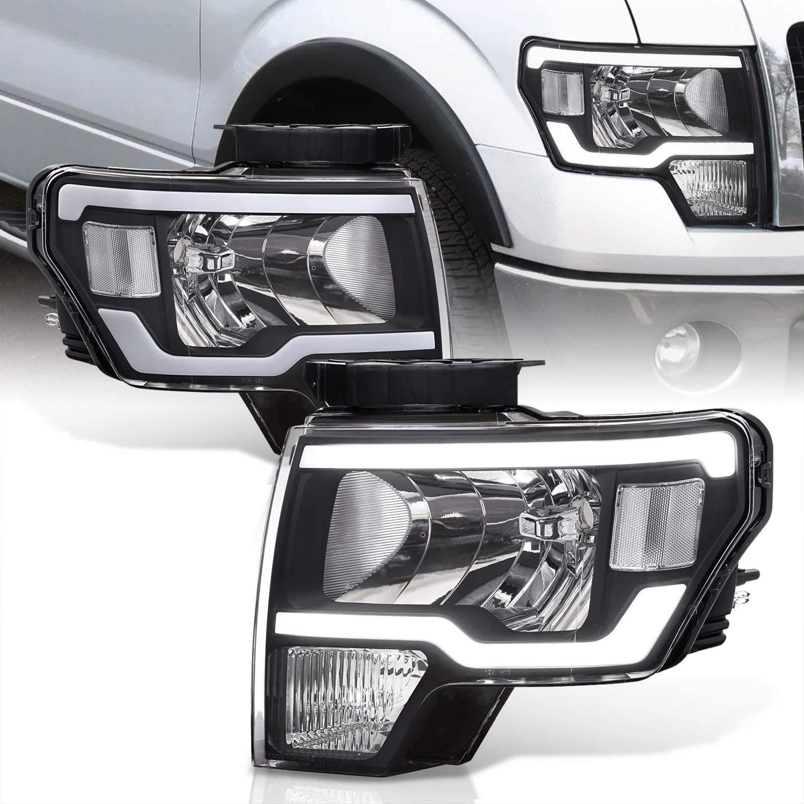 Ford F150 2009-2014 LED DRL Bar Factory Style Headlights Black Housing Clear Len Clear Reflector (Halogen Models Only) - Parts Agent