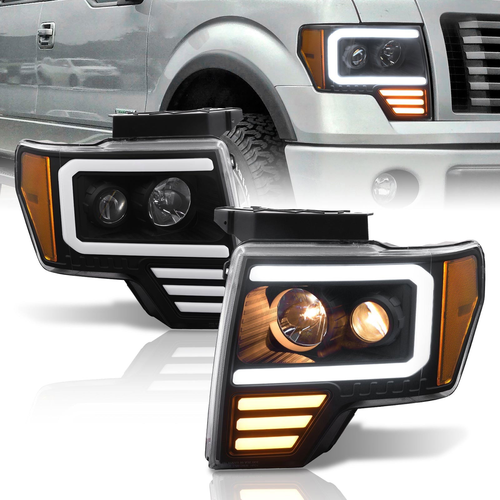 Ford F150 2009-2014 LED DRL Bar Projector Headlights Black Housing Clear Len Amber Reflector (Halogen Models Only) - Parts Agent
