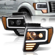 Ford F150 2009-2014 LED DRL Bar Projector Headlights Black Housing Clear Len Amber Reflector (Halogen Models Only) - Parts Agent