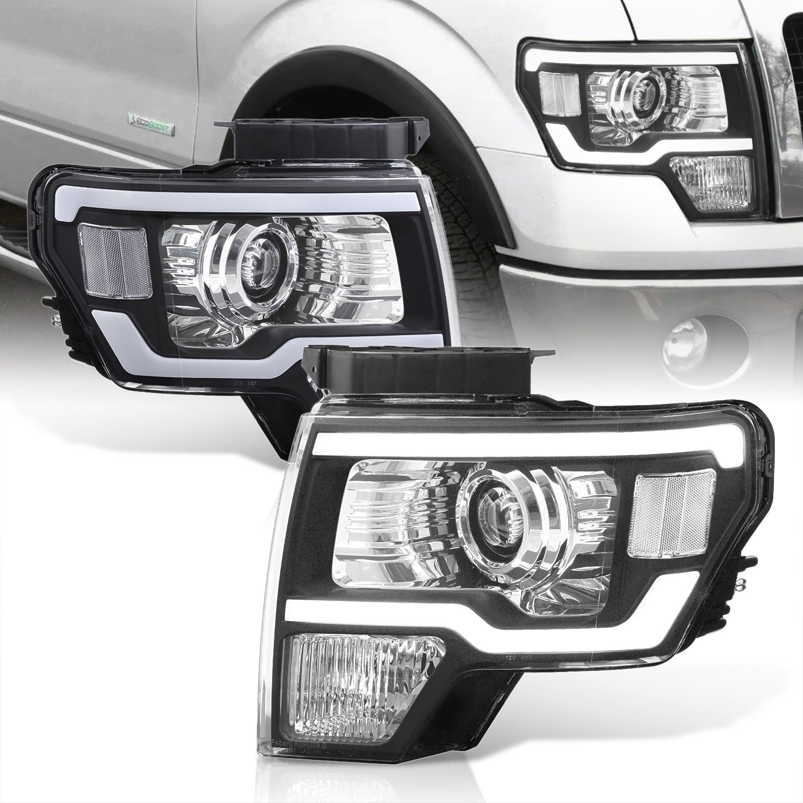 Ford F150 2009-2014 LED DRL Bar Projector Headlights Black Housing Clear Len Clear Reflector (Halogen Models Only) - Parts Agent