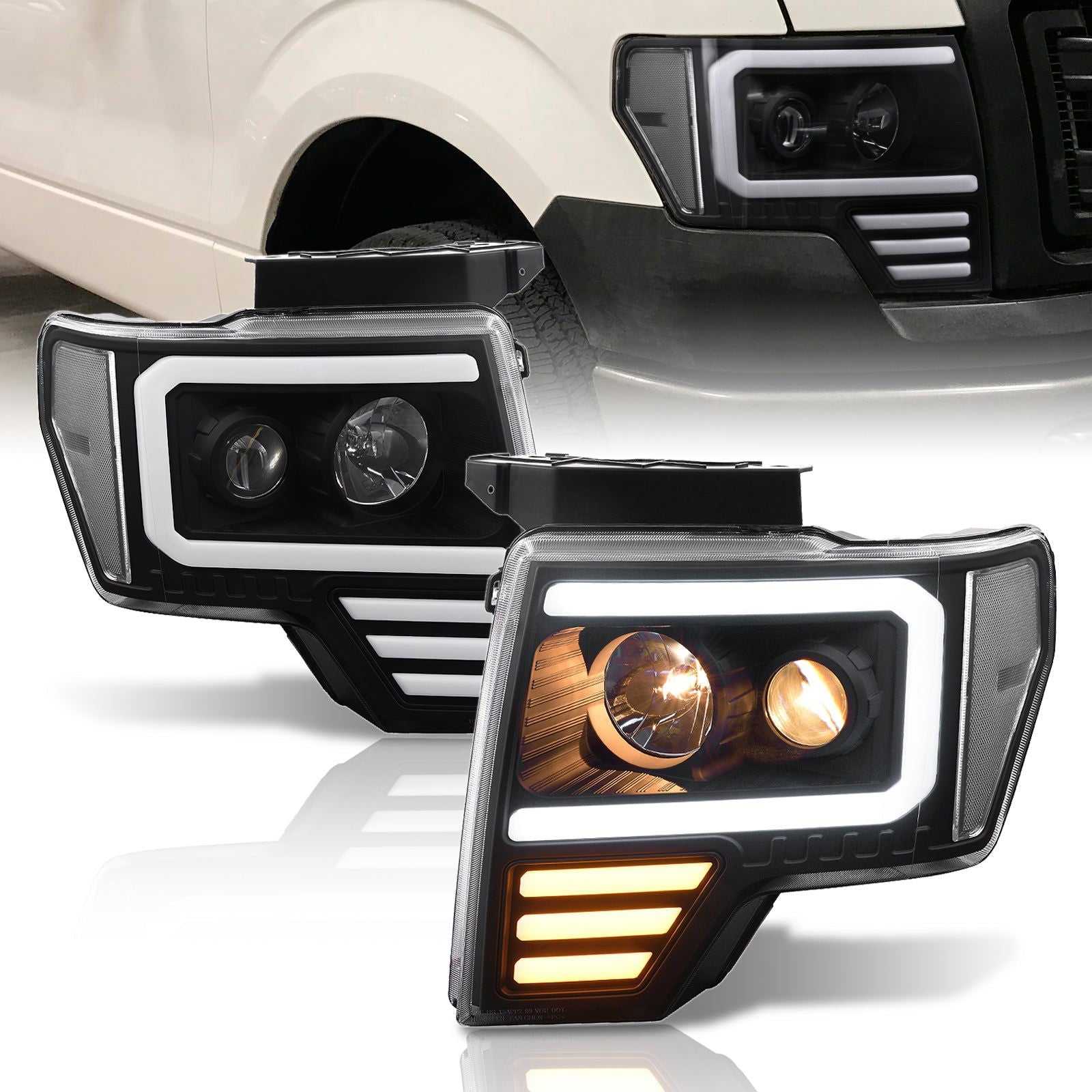 Ford F150 2009-2014 LED DRL Bar Projector Headlights Black Housing Clear Len Clear Reflector (Halogen Models Only) - Parts Agent