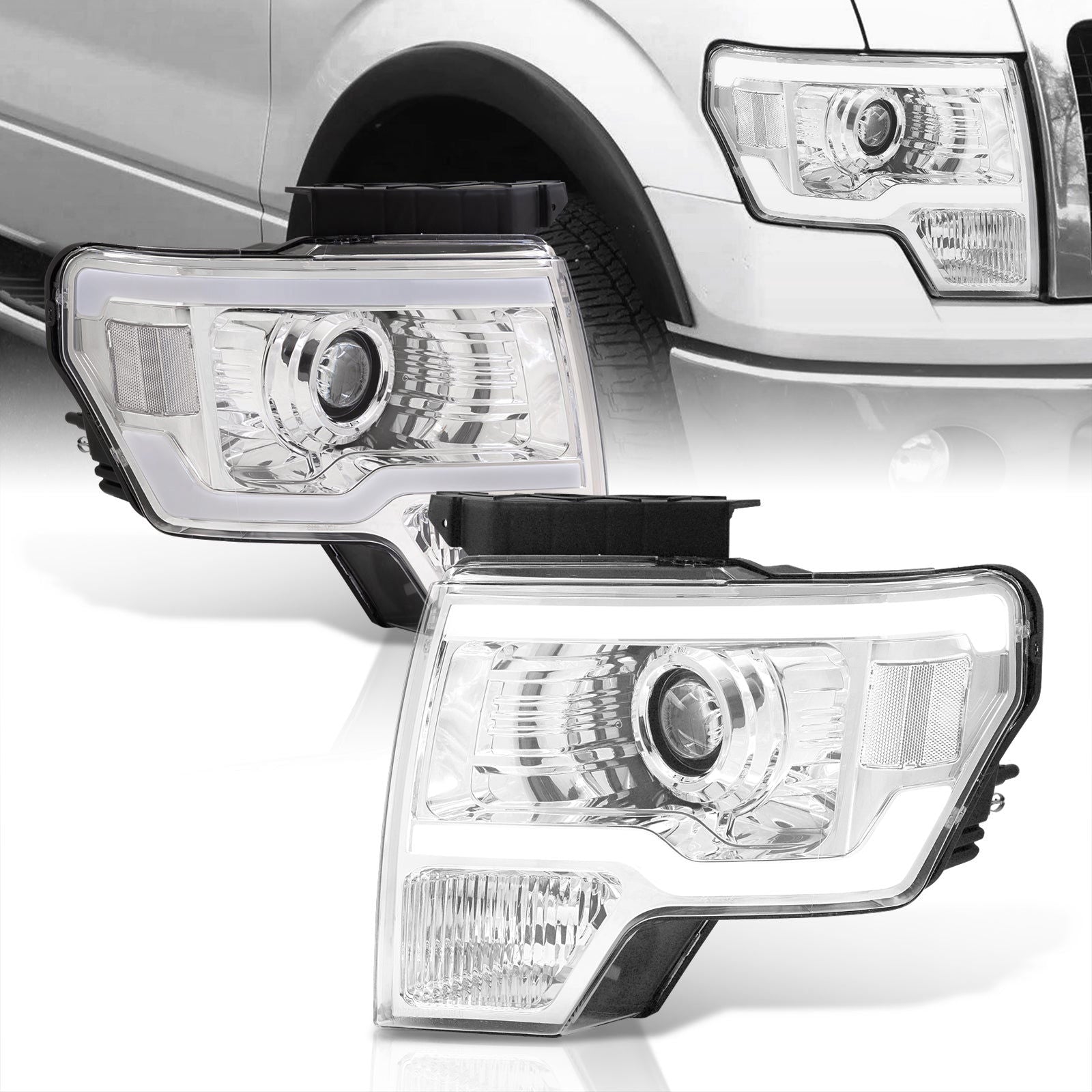 Ford F150 2009-2014 LED DRL Bar Projector Headlights Chrome Housing Clear Len Clear Reflector (Halogen Models Only) - Parts Agent