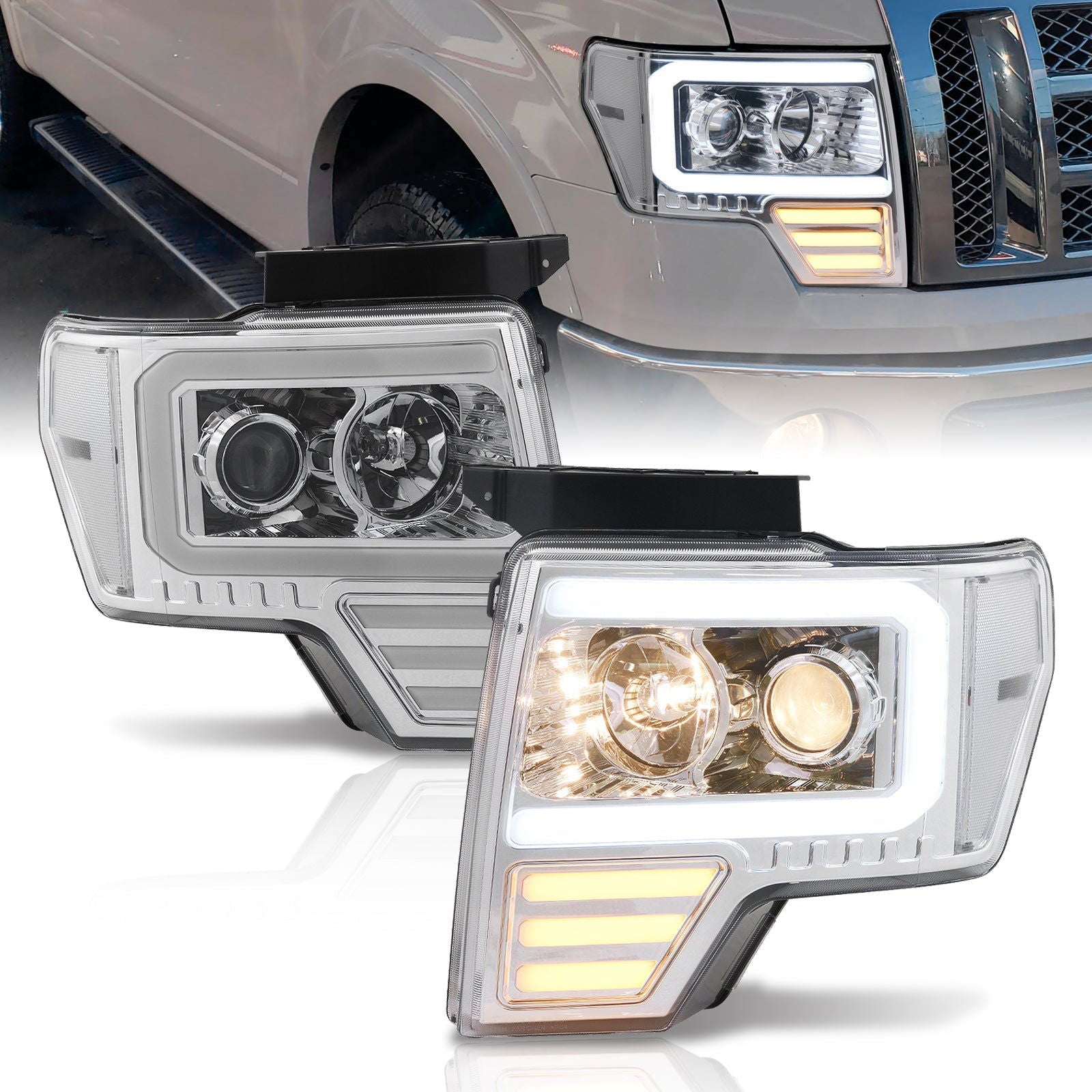 Ford F150 2009-2014 LED DRL Bar Projector Headlights Chrome Housing Clear Len Clear Reflector (Halogen Models Only) - Parts Agent