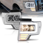 Ford F150 2009-2014 LED DRL Bar Projector Headlights Chrome Housing Clear Len Clear Reflector (Halogen Models Only) - Parts Agent
