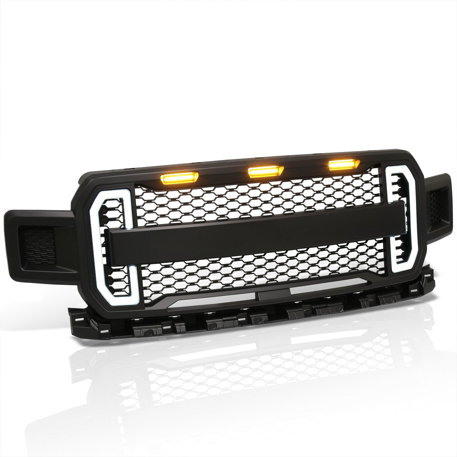Ford F150 2018-2020 Front Grille Black with White / Amber LED DRL Running Lights & Turn Signals - Parts Agent