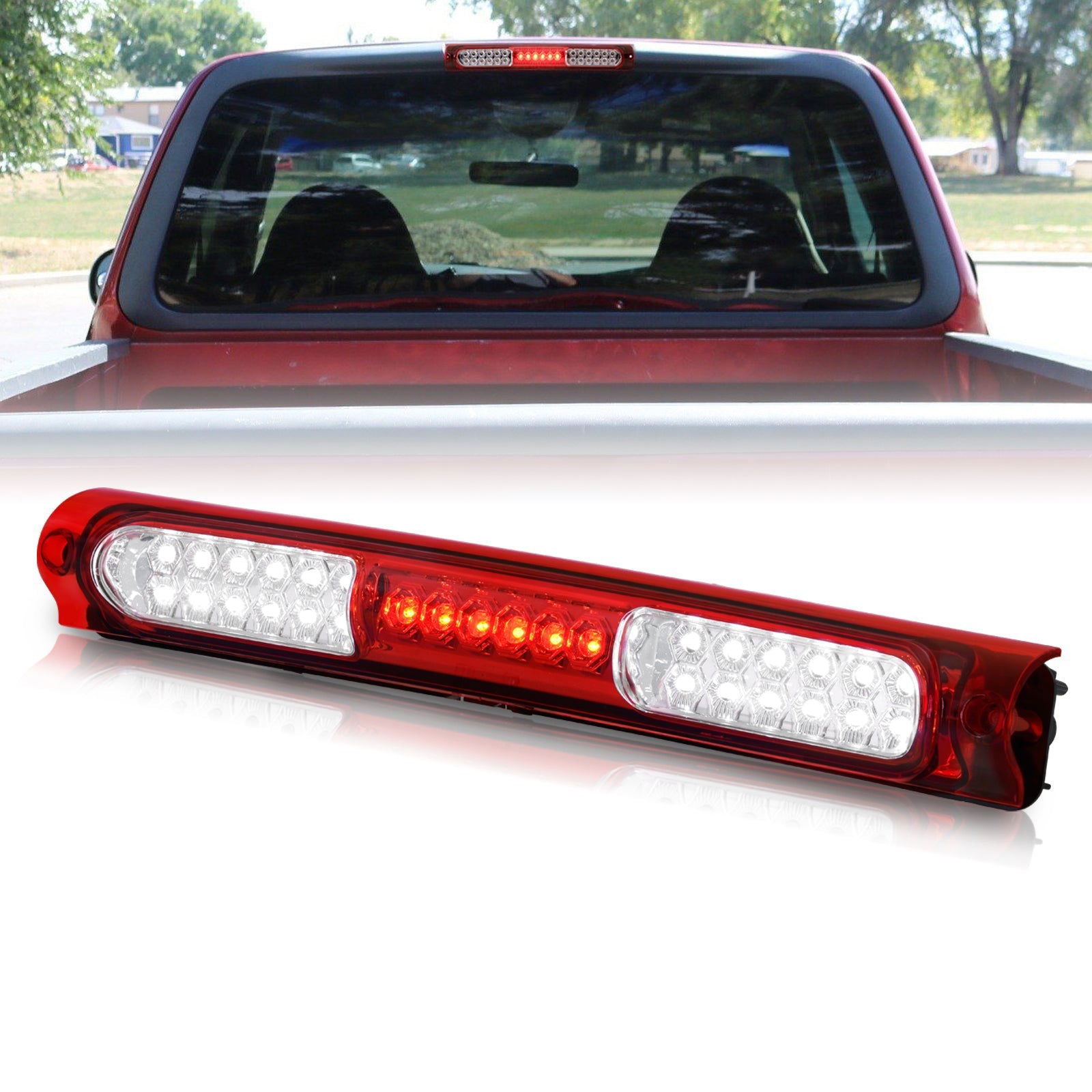 Ford F150 F250 1997-2003 / Excursion 2000-2005 LED 3rd Brake Light Chrome Housing Red Clear Len - Parts Agent