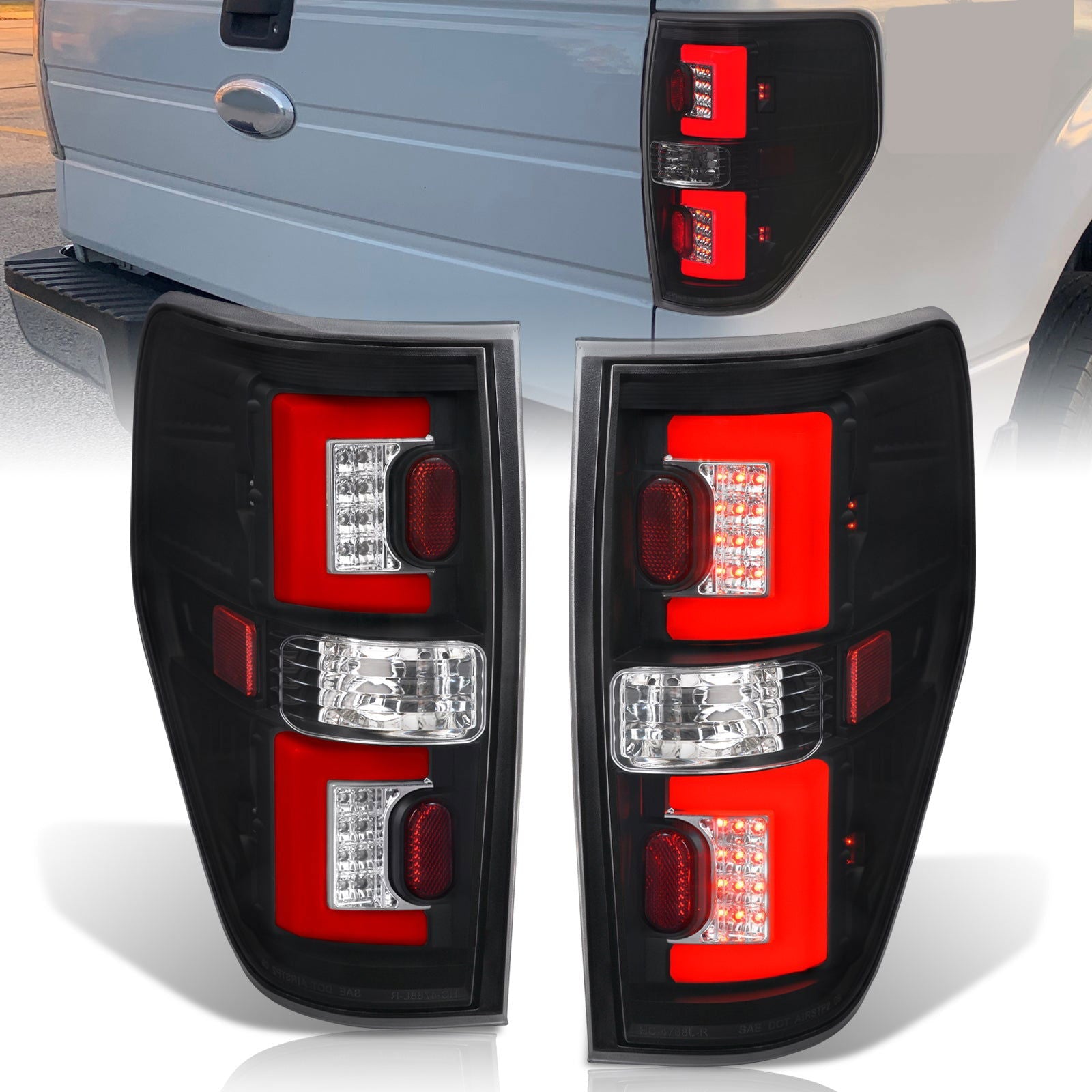 Ford F150 Styleside 2009-2014 LED Bar Tail Lights Black Housing Clear Len Red Tube - Parts Agent