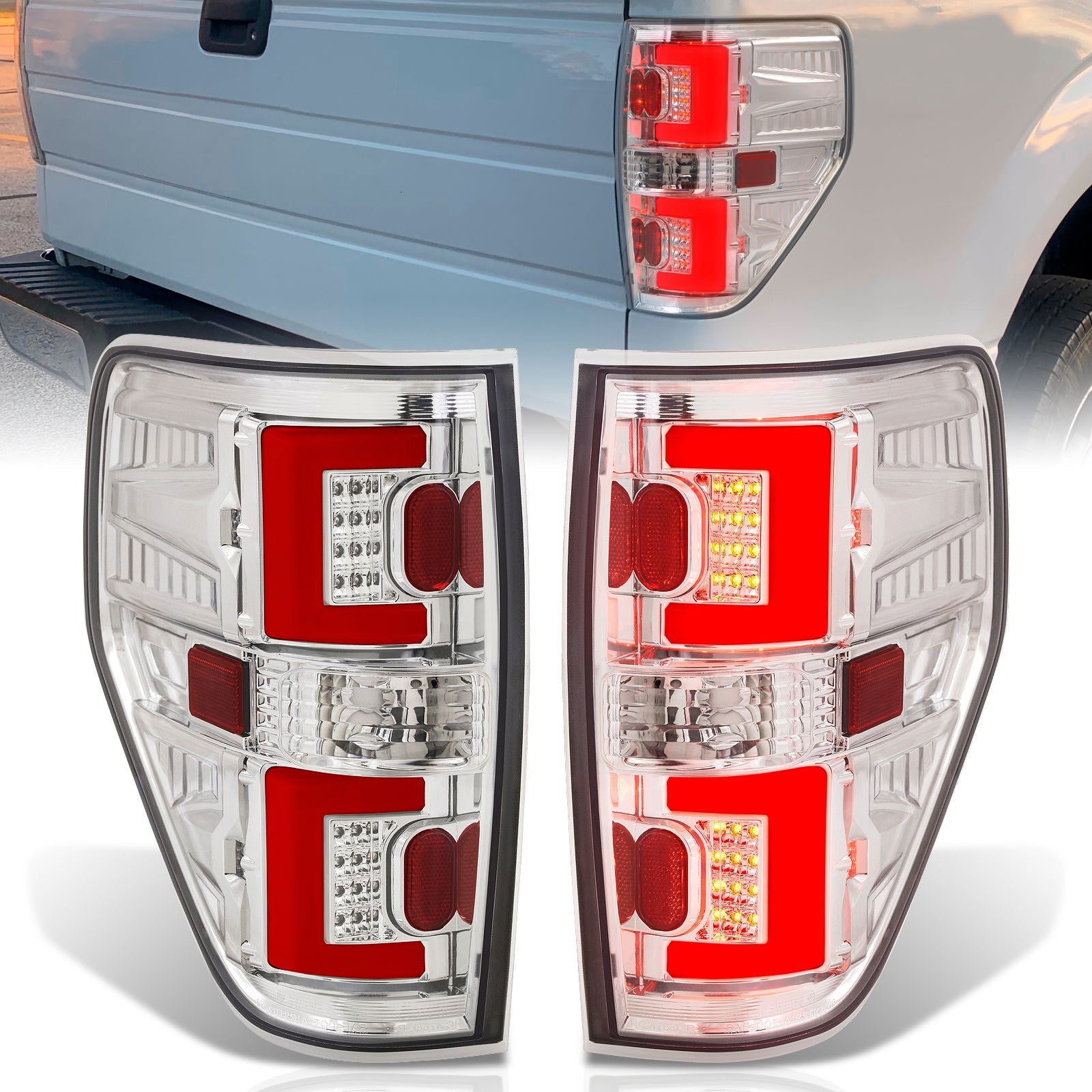 Ford F150 Styleside 2009-2014 LED Bar Tail Lights Chrome Housing Clear Len Red Tube - Parts Agent