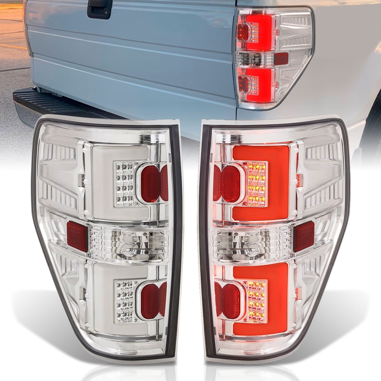 Ford F150 Styleside 2009-2014 LED Bar Tail Lights Chrome Housing Clear Len White Tube - Parts Agent