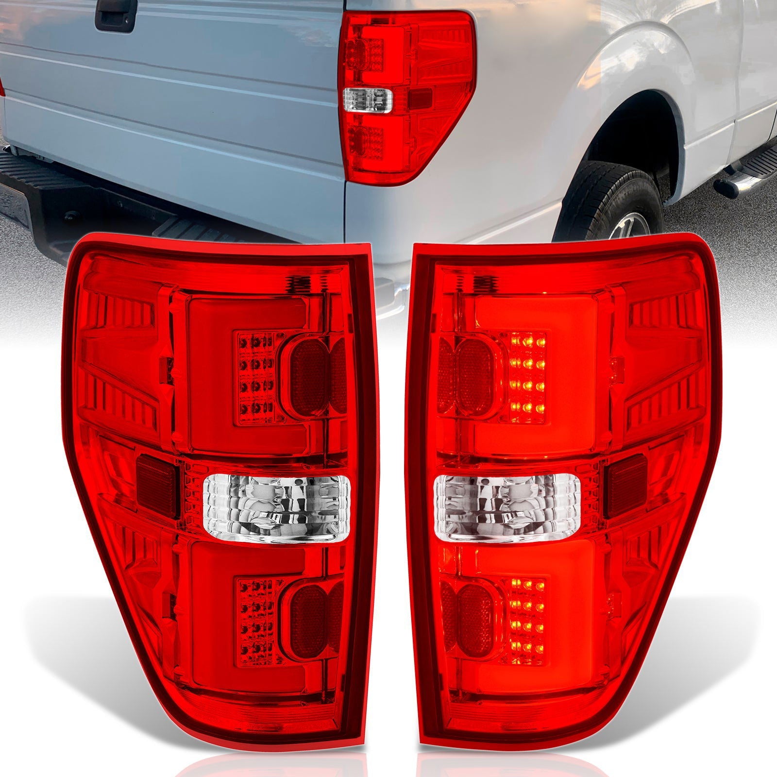 Ford F150 Styleside 2009-2014 LED Bar Tail Lights Chrome Housing Red Len White Tube - Parts Agent