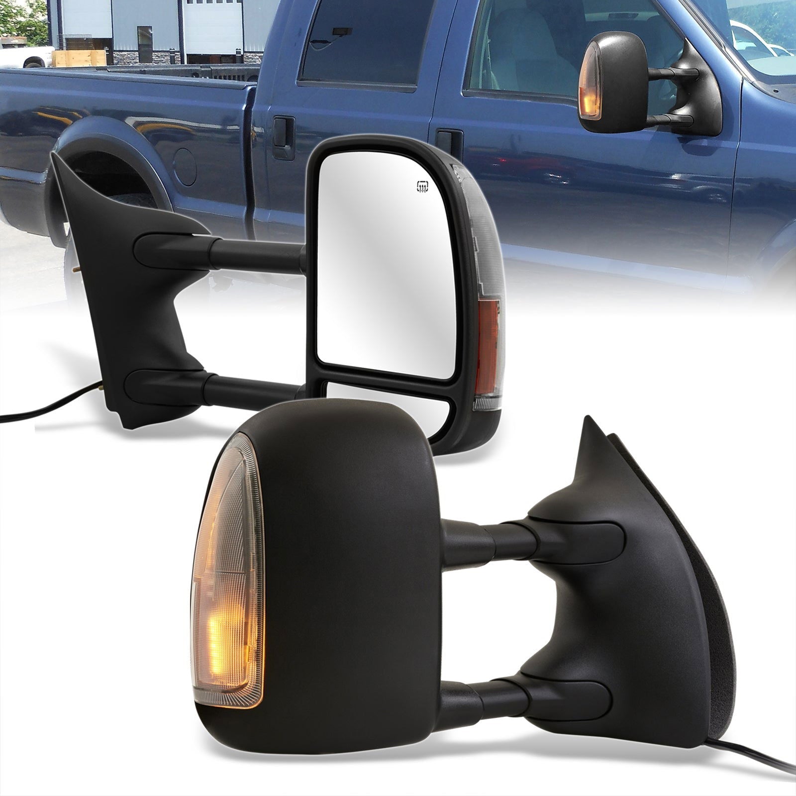 Ford F250 F350 F450 F550 1999-2007 / Excursion 2001-2005 Telescopic Extendable LED Signal Heated Power Towing Mirrors Black - Parts Agent