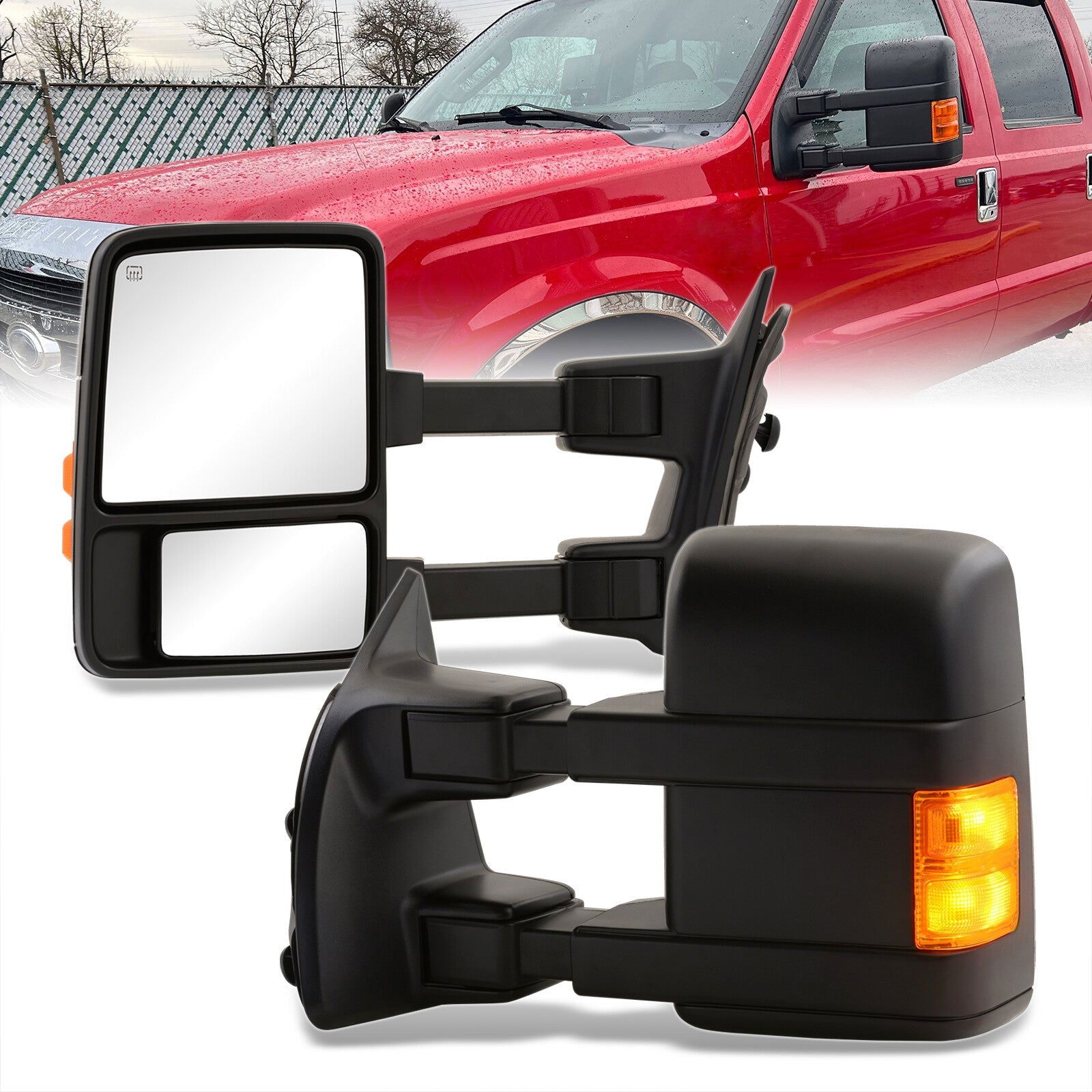 Ford F250 F350 F450 F550 1999-2016 / Excursion 2001-2005 Telescopic Extendable Heated Power Towing Mirrors Black - Parts Agent