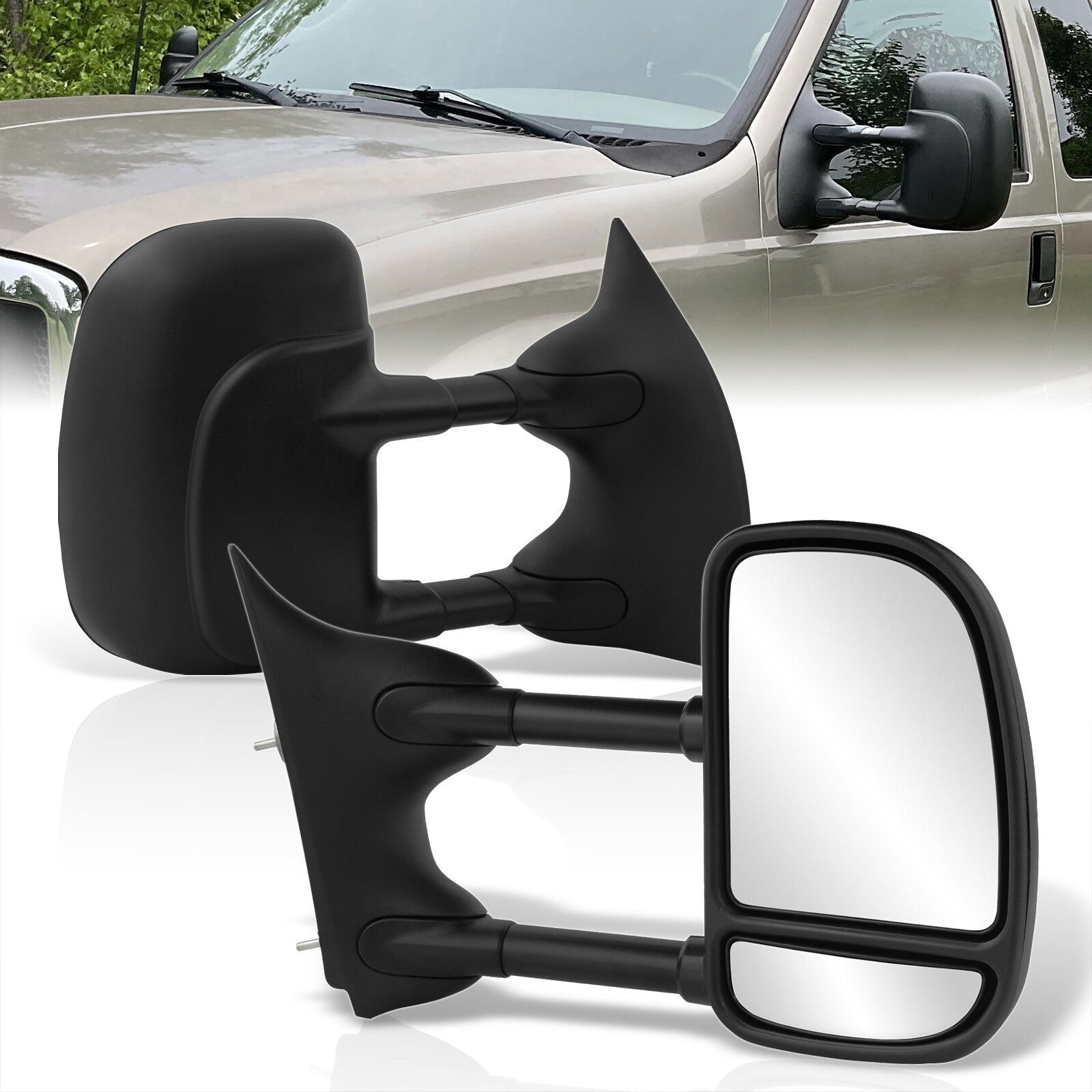 Ford F250 F350 F450 F550 1999-2016 / Excursion 2001-2005 Telescopic Extendable Manual Towing Mirrors Black - Parts Agent
