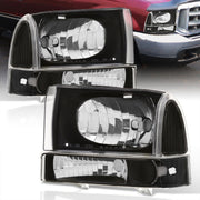 Ford F250 F350 F450 F550 Super Duty 1999-2004 / Excursion 2000-2004 Factory Style Headlights + Bumpers Black Housing Clear Len Clear Reflector - Parts Agent