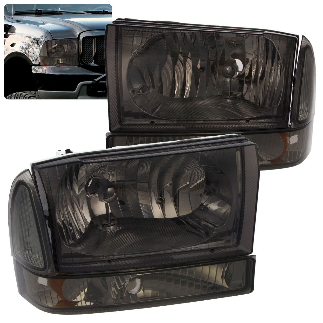 Ford F250 F350 F450 F550 Super Duty 1999-2004 / Excursion 2000-2004 Factory Style Headlights + Bumpers Chrome Housing Smoke Len Amber Reflector - Parts Agent
