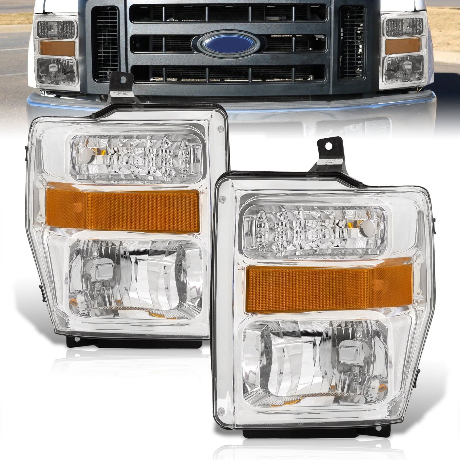 Ford F250 F350 F450 F550 Super Duty 2008-2010 Factory Style Headlights Chrome Housing Clear Len Amber Reflector - Parts Agent