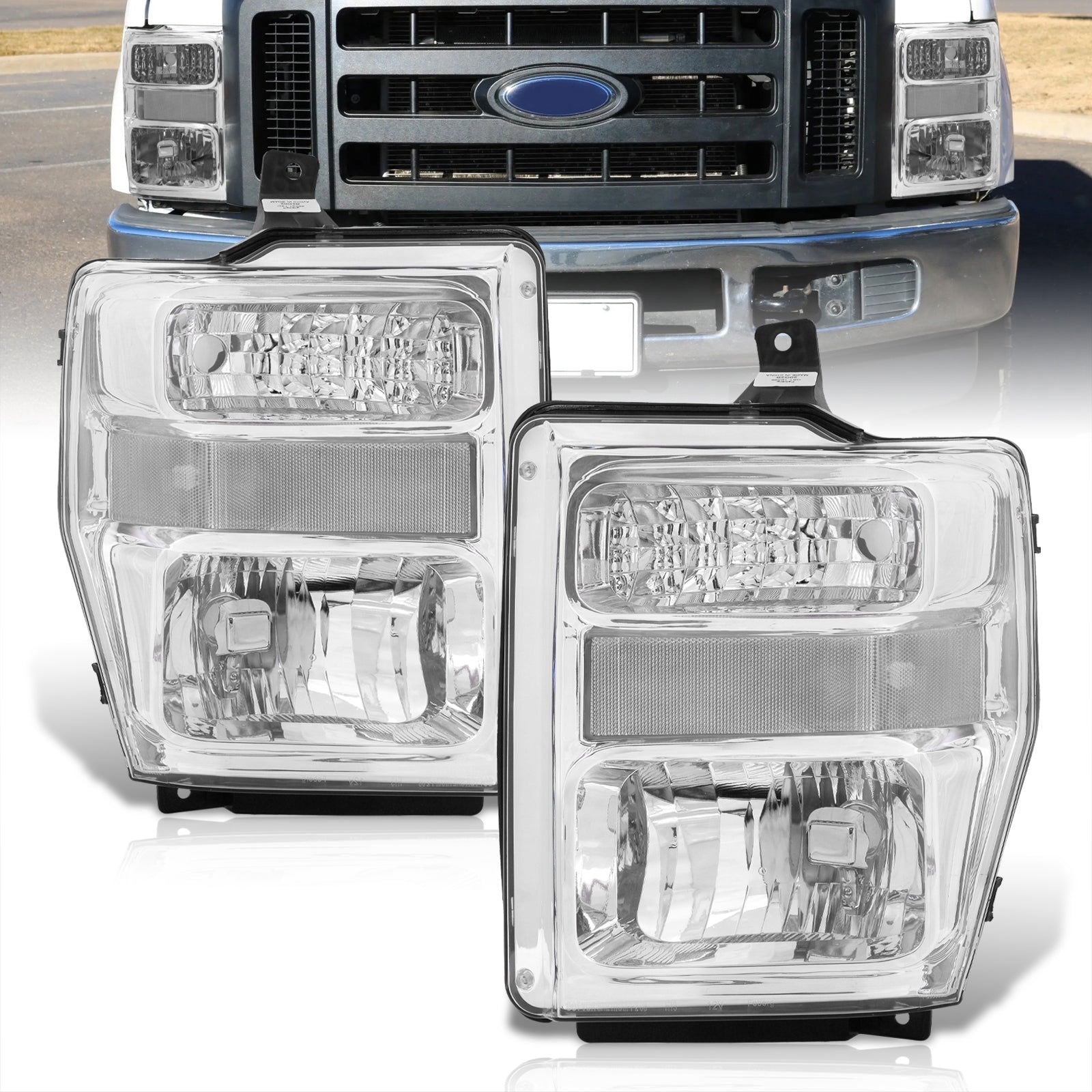 Ford F250 F350 F450 F550 Super Duty 2008-2010 Factory Style Headlights Chrome Housing Clear Len Clear Reflector - Parts Agent