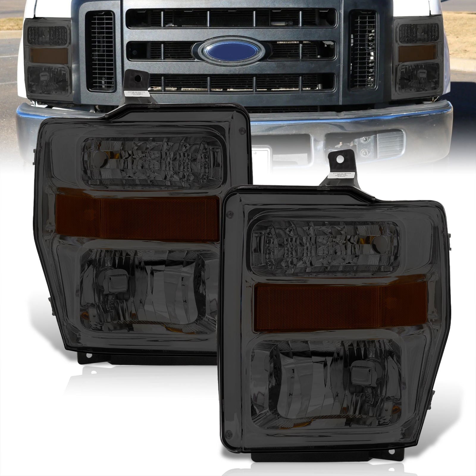 Ford F250 F350 F450 F550 Super Duty 2008-2010 Factory Style Headlights Chrome Housing Smoke Len Amber Reflector - Parts Agent