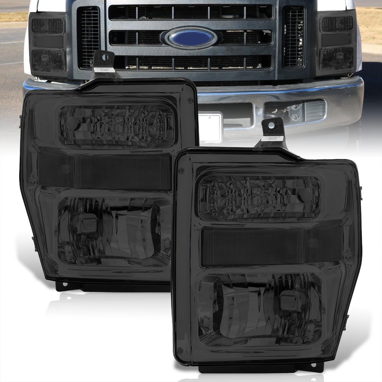 Ford F250 F350 F450 F550 Super Duty 2008-2010 Factory Style Headlights Chrome Housing Smoke Len Clear Reflector - Parts Agent
