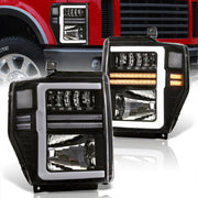 Ford F250 F350 F450 F550 Super Duty 2008-2010 Sequential LED DRL Bar Factory Style Headlights Black Housing Clear Len Clear Reflector - Parts Agent