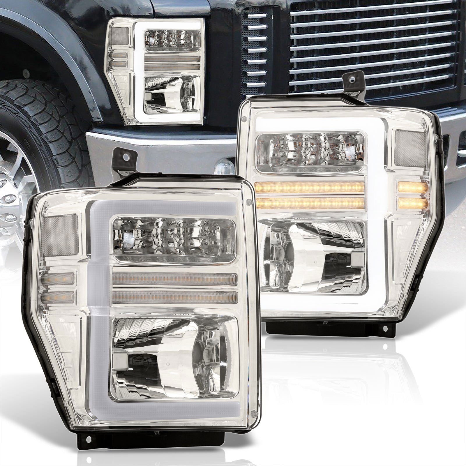 Ford F250 F350 F450 F550 Super Duty 2008-2010 Sequential LED DRL Bar Factory Style Headlights Chrome Housing Clear Len Clear Reflector - Parts Agent