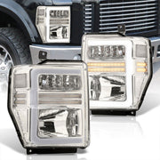 Ford F250 F350 F450 F550 Super Duty 2008-2010 Sequential LED DRL Bar Factory Style Headlights Chrome Housing Clear Len Clear Reflector - Parts Agent