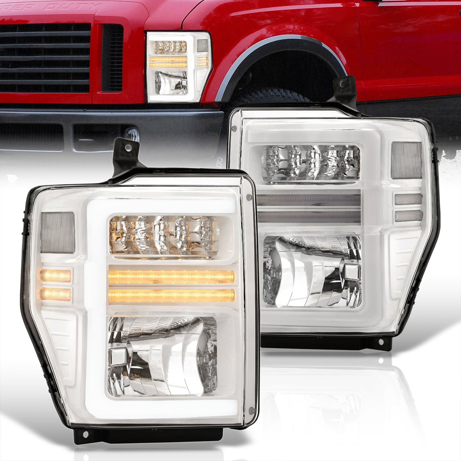 Ford F250 F350 F450 F550 Super Duty 2008-2010 Sequential LED DRL Bar Factory Style Headlights White Housing Clear Len Clear Reflector - Parts Agent