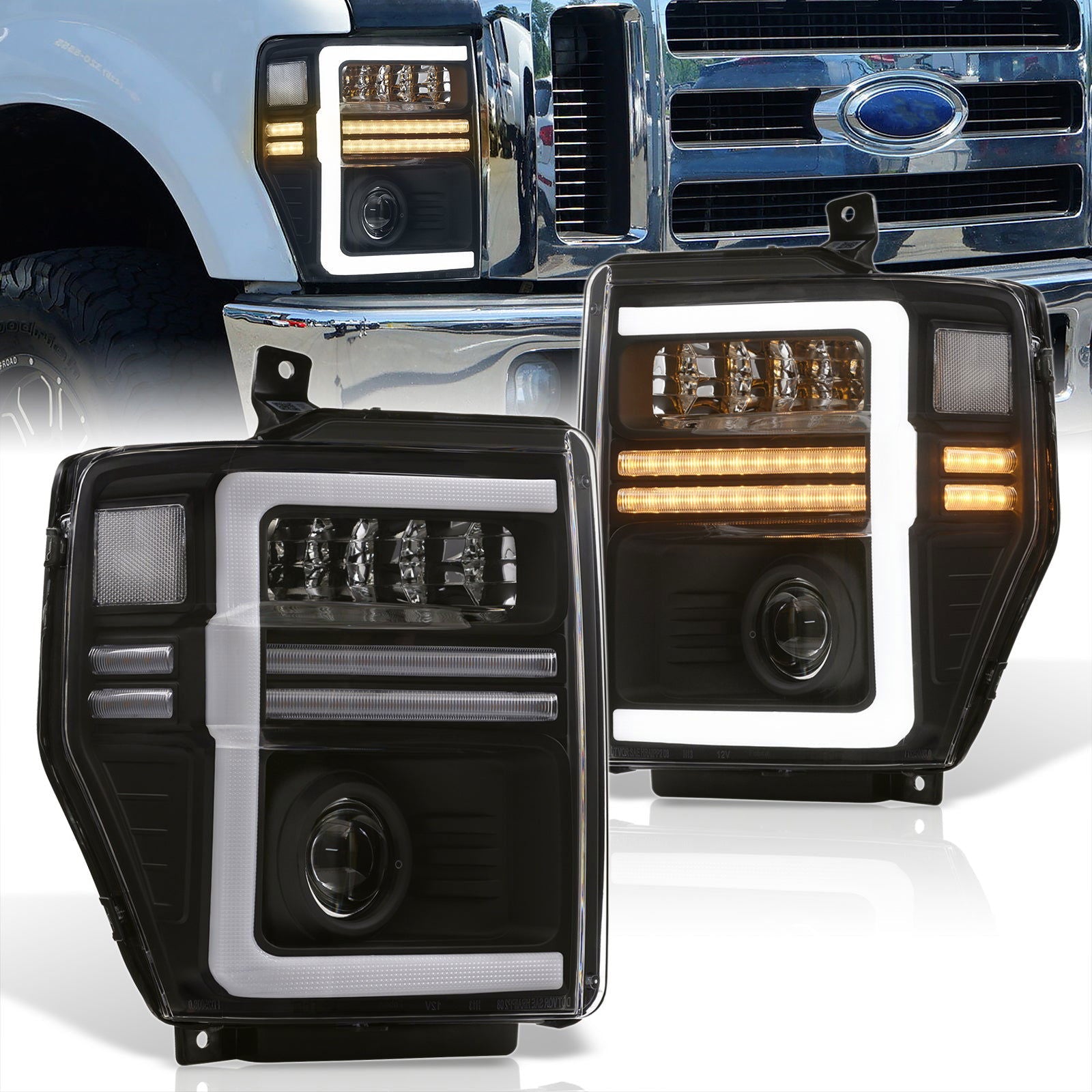 Ford F250 F350 F450 F550 Super Duty 2008-2010 Sequential LED DRL Bar Projector Headlights Black Housing Clear Len Clear Reflector - Parts Agent