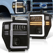 Ford F250 F350 F450 F550 Super Duty 2008-2010 Sequential LED DRL Bar Projector Headlights Black Housing Clear Len Clear Reflector - Parts Agent