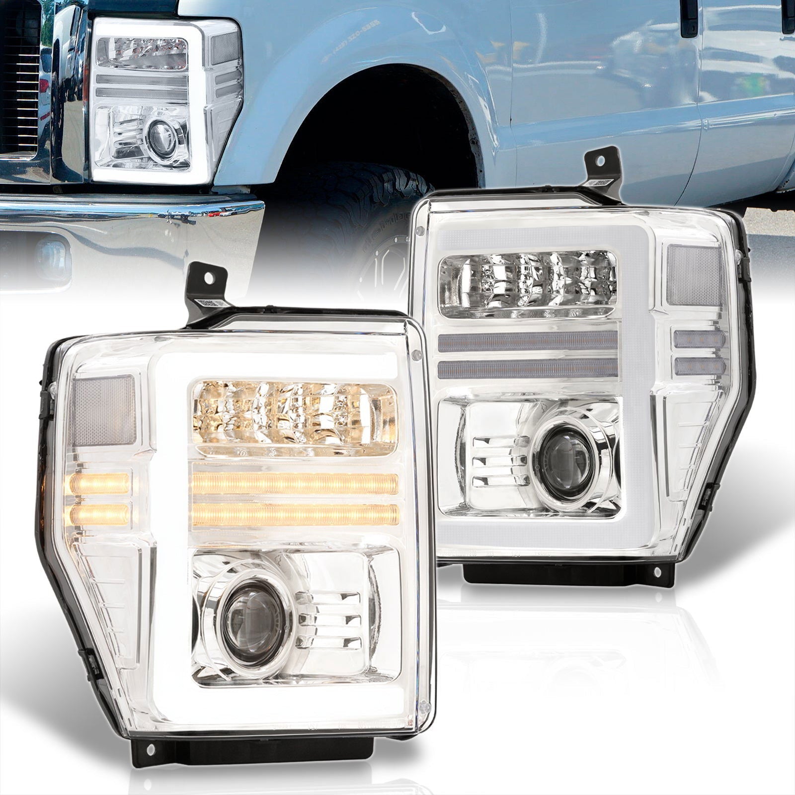 Ford F250 F350 F450 F550 Super Duty 2008-2010 Sequential LED DRL Bar Projector Headlights Chrome Housing Clear Len Clear Reflector - Parts Agent