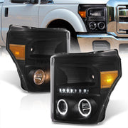 Ford F250 F350 F450 F550 Super Duty 2011-2016 LED DRL Halo Projector Headlights Black Housing Clear Len Amber Reflector - Parts Agent