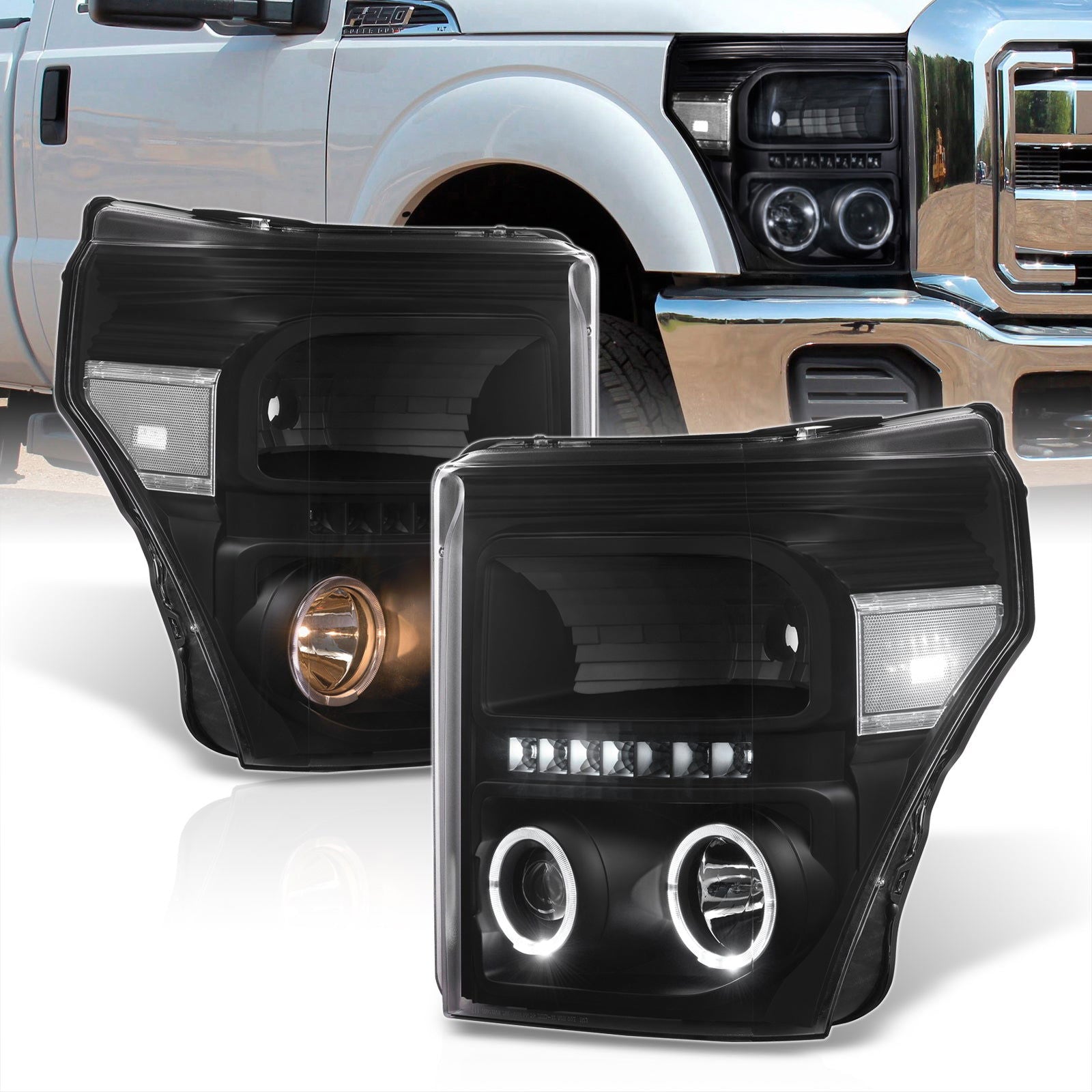 Ford F250 F350 F450 F550 Super Duty 2011-2016 LED DRL Halo Projector Headlights Black Housing Clear Len Clear Reflector - Parts Agent