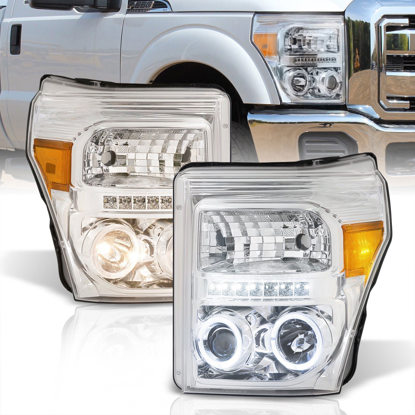 Ford F250 F350 F450 F550 Super Duty 2011-2016 LED DRL Halo Projector Headlights Chrome Housing Clear Len Amber Reflector - Parts Agent