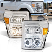 Ford F250 F350 F450 F550 Super Duty 2011-2016 LED DRL Halo Projector Headlights Chrome Housing Clear Len Amber Reflector - Parts Agent