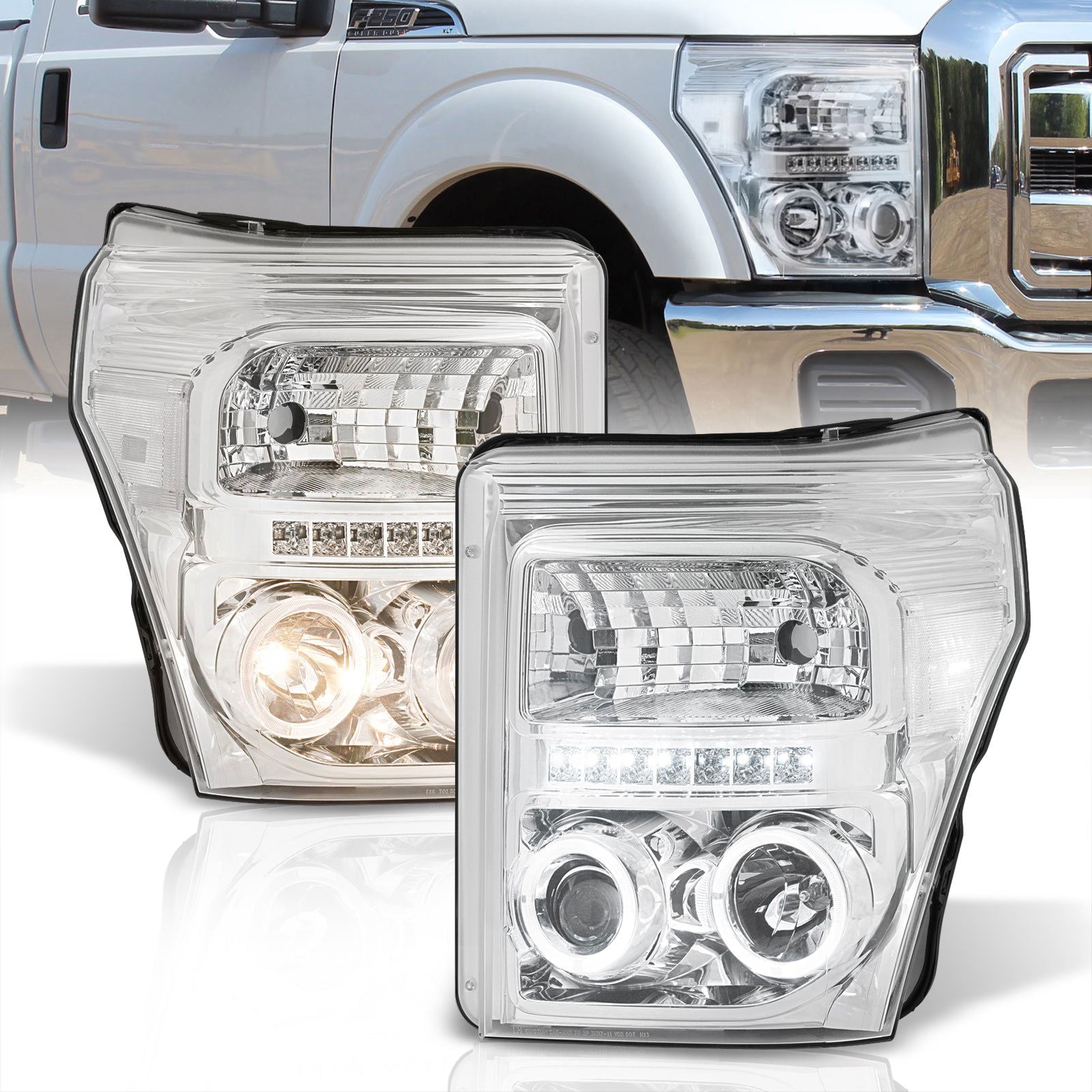 Ford F250 F350 F450 F550 Super Duty 2011-2016 LED DRL Halo Projector Headlights Chrome Housing Clear Len Clear Reflector - Parts Agent