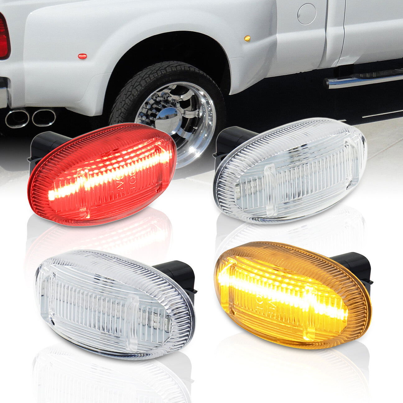 Ford F250 F350 F450 F550 Super Duty Dually 2011-2022 4 Piece Front Amber & Rear Red LED Fender Side Marker Lights Clear Len - Parts Agent