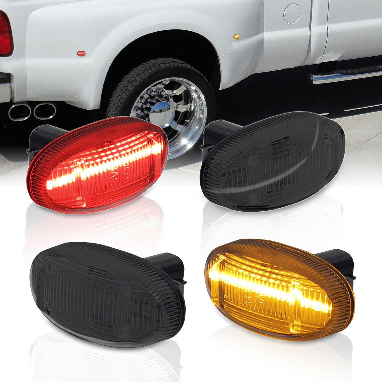 Ford F250 F350 F450 F550 Super Duty Dually 2011-2022 4 Piece Front Amber & Rear Red LED Fender Side Marker Lights Smoke Len - Parts Agent