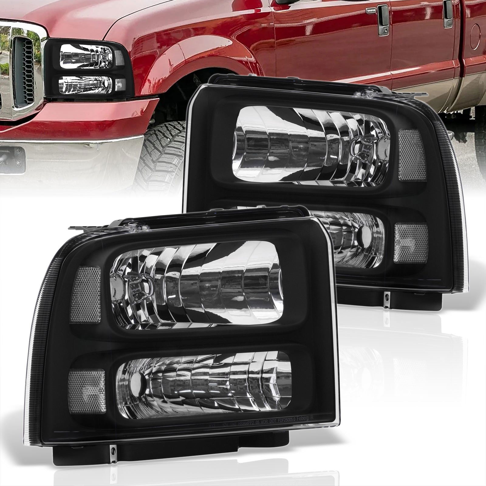 Ford F250 F350 F450 Super Duty 2005-2007 Factory Style Headlights Black Housing Clear Len Clear Reflector - Parts Agent