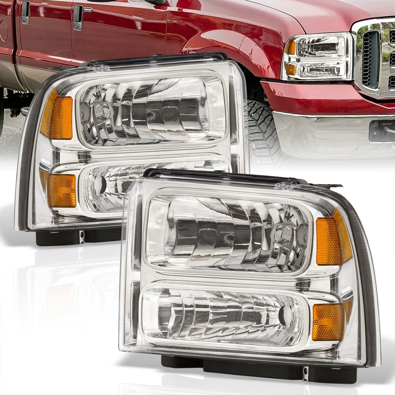 Ford F250 F350 F450 Super Duty 2005-2007 Factory Style Headlights Chrome Housing Clear Len Amber Reflector - Parts Agent