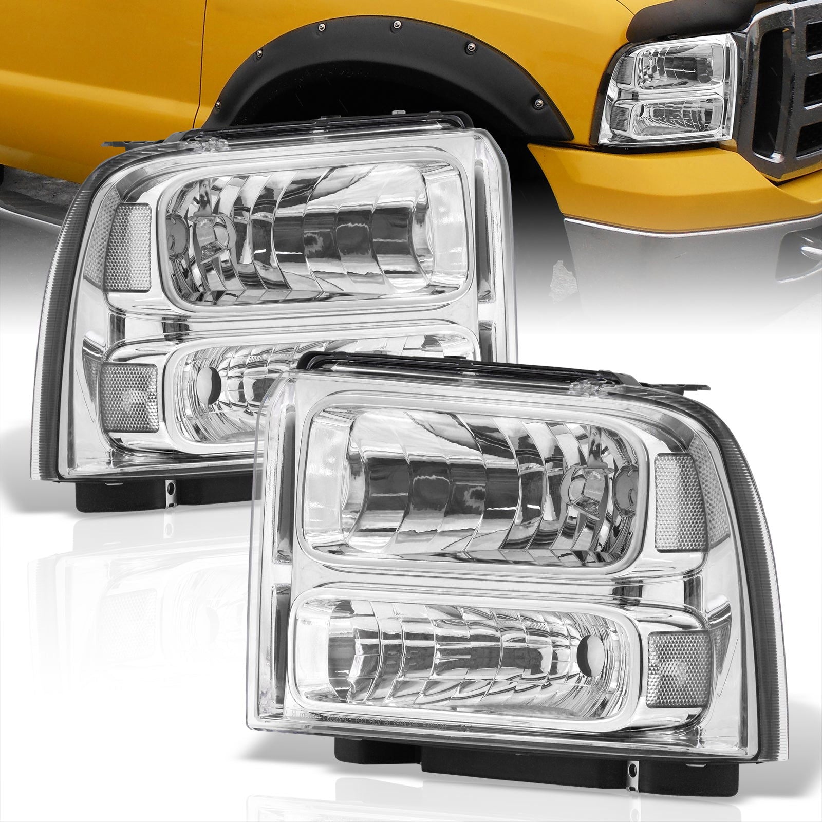 Ford F250 F350 F450 Super Duty 2005-2007 Factory Style Headlights Chrome Housing Clear Len Clear Reflector - Parts Agent