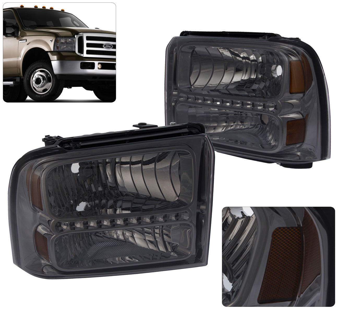 Ford F250 F350 F450 Super Duty 2005-2007 Factory Style LED Headlights Chrome Housing Smoke Len Amber Reflector - Parts Agent